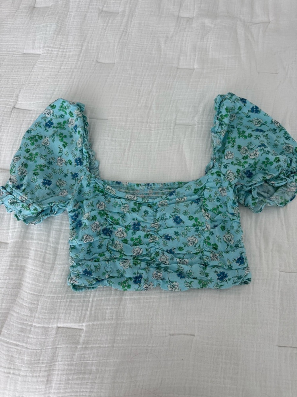 Aqua Floral Ruched Sweetheart Crop Top